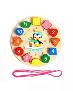 Развивающие часы 3в1 "Пингвин" (часы, рамка-вкладыш, шнуровка) 17,5х17,5х3 см арт. СМЛ-129889-1-СМЛ0005374996