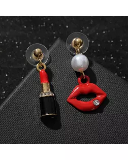 Серьги ассорти "Красотка" помада, губы, цвет красно-чёрный в золоте арт. СМЛ-138492-1-СМЛ0005423422