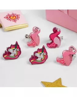 Кольца детские "Пальчики" (наб. 5шт) фламинго и единороги, форма МИКС, цвет розовый, безразмерные арт. СМЛ-149042-1-СМЛ0005427090