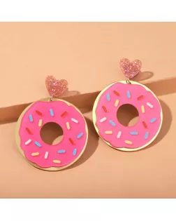 Серьги пластик "Вкусняшка" пончики с сердечками, цвет розовый в золоте арт. СМЛ-137447-1-СМЛ0005427105