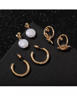 Серьги набор 3 пары "Юность" узел с жемчугом, цвет белый в золоте, d=2,3 арт. СМЛ-141215-1-СМЛ0005429406