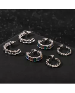 Серьги-кольца набор 3 пары "Звенья" цепочки, цветные в серебре, d=2 арт. СМЛ-140588-1-СМЛ0005429411