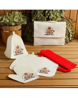 Набор для бани и сауны 5 в 1(сумка,шапка,варежка,коврик,мочалка),с принтом"Поддай пару",белый арт. СМЛ-178285-1-СМЛ0005433231