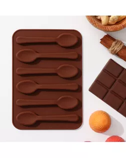 Форма для шоколада Доляна «Ложечки», силикон, 13,5×9,5×0,7 см, 6 ячеек (8,3×1,8 см), цвет коричневый арт. СМЛ-284122-1-СМЛ0007986660