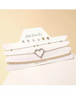 Набор: 3 колье, 3 пары пуссетов "Эстетика" сердце, цвет белый в золоте, L=37 арт. СМЛ-193417-1-СМЛ0006919265