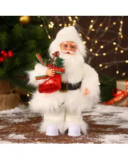 Дед Мороз "В меховом белом костюмчике, с мешком" двигается, 11х30 см арт. СМЛ-170856-1-СМЛ0006938377