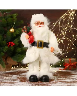 Дед Мороз "В меховом белом костюмчике, с мешком" двигается, 20х40 см арт. СМЛ-170857-1-СМЛ0006938378