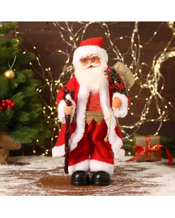 Дед Мороз "В красном костюмчике с орнаментом, с посохом" двигается, 20х40 см арт. СМЛ-170860-1-СМЛ0006938381