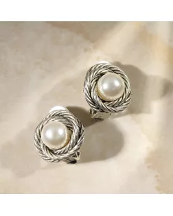 Клипсы "Грейс" закругление с бусиной, цвет белый в чернёном серебре арт. СМЛ-162702-1-СМЛ0007142066