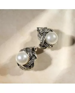 Клипсы "Грейс" нахлёст с бусиной, цвет белый в чернёном серебре арт. СМЛ-162703-1-СМЛ0007142067