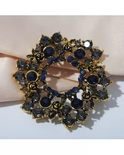 Брошь "Императрица" круг с розами, цвет серо-синий в чернёном золоте арт. СМЛ-198573-1-СМЛ0007332949