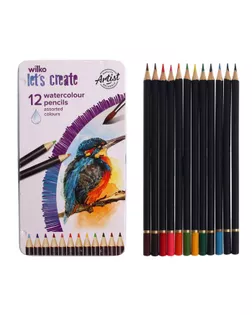 Карандаши акварельные 12 цветов, деревянные, круглые, в металлической коробке арт. СМЛ-192708-1-СМЛ0007333127