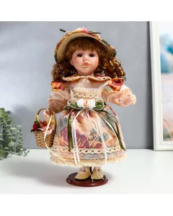 Кукла коллекционная керамика "Клара в платье с розами, шляпке и с корзинкой" 30 см арт. СМЛ-231583-1-СМЛ0007390253