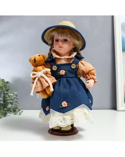 Кукла коллекционная керамика "Сьюзи в джинсовом платье, шляпке и с мишкой" 30 см арт. СМЛ-231585-1-СМЛ0007390255