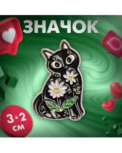 Значок «Кошка» с ромашками, цвет чёрный в золоте арт. СМЛ-246969-1-СМЛ0007530866
