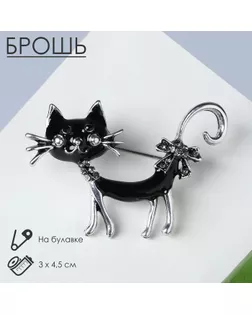 Брошь «Кошка» кокетливая с бантом, цвет чёрный в чернёном серебре арт. СМЛ-269986-2-СМЛ0007624557