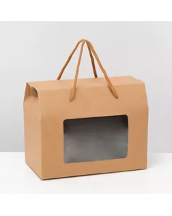 Коробка-пакет, с окном и ручками, крафтовая, 20 х 15 х 11 см арт. СМЛ-247367-1-СМЛ0007644143