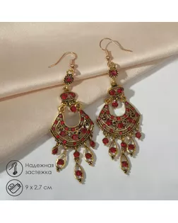 Серьги висячие со стразами «Восток» веер, цвет красный в чернёном золоте, 9см арт. СМЛ-247820-2-СМЛ0007795735