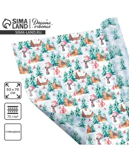 Упаковочная бумага на новый год глянцевая двухсторонняя «Зимняя деревушка», 50 х 70 см арт. СМЛ-248383-1-СМЛ0007860487