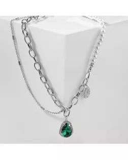 Колье «Капля» цветок, цвет бело-зелёный в серебре, 35 см арт. СМЛ-249759-1-СМЛ0009075212