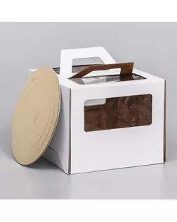 Коробка под торт 2 окна, с ручками, белая, + подложка 2,5 золото-белый, 24 х 24 х 20 см арт. СМЛ-250612-1-СМЛ0009225239