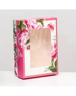Коробка складная, с окном "Весенние пионы"  21 х 15 х 7 см арт. СМЛ-252049-1-СМЛ0009327118