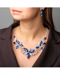Набор 2 предмета: серьги, колье «Цветение» царское, цвет бело-синий в серебре, 40 см арт. СМЛ-253335-1-СМЛ0009445424