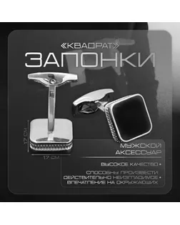 Запонки медные «Квадрат» классический, цвет чёрный в серебре арт. СМЛ-255018-1-СМЛ0009583010