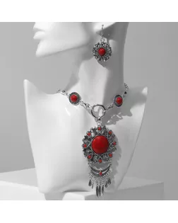 Набор 2 предмета: серьги, колье «Индия», цвет красный в чернёном серебре, 50 см арт. СМЛ-256007-2-СМЛ0009627039