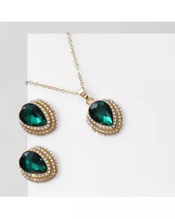 Гарнитур 2 предмета: кулон, серьги «Эдель» трио капель, цвет изумрудно-белый в золоте, 50 см арт. СМЛ-278550-3-СМЛ0009667348