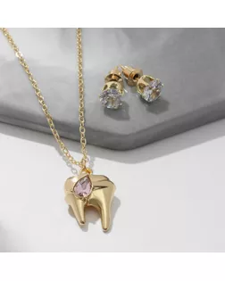 Гарнитур 2 предмета: кулон, серьги «Зуб», цвет бело-розовый в золоте, 40 см арт. СМЛ-261937-1-СМЛ0009906422