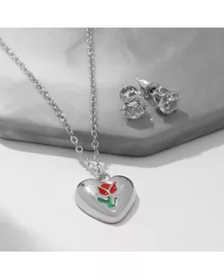 Гарнитур 2 предмета: кулон, серьги «Сердце» с цветком внутри, цветной в серебре, 40 см арт. СМЛ-261939-2-СМЛ0009906427