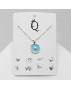 Гарнитур 5 предметов: серьги (4 пары), кулон «Минимал» сердце, цвет голубой в серебре, 40 см арт. СМЛ-261947-2-СМЛ0009906443