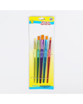 Набор кистей, нейлон, 5 штук, круглые, с цветными ручками, с резиновыми держателями арт. СМЛ-204213-1-СМЛ0002694227
