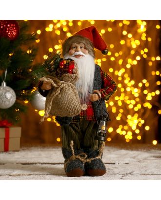 Дед Мороз в клетчатой шубке с фонариком и мешком 30 см арт. СМЛ-57463-1-СМЛ0003555416