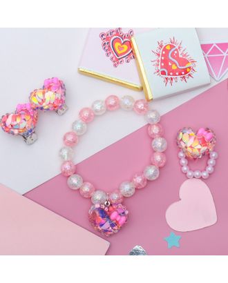 Набор детский "Выбражулька" 3 предмета: клипсы, кольцо,браслет сердечки блестки, цвет бело-розовый арт. СМЛ-32760-1-СМЛ3596214