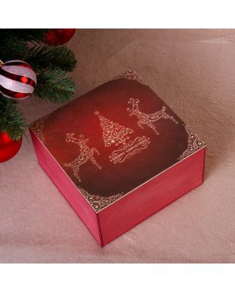 Коробка подарочная "Merry Christmas, c оленями", бордовая, 20×20×10 см арт. СМЛ-121145-1-СМЛ0004406469