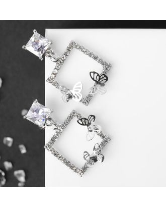 Купить Серьги со стразами "Порхай" бабочки в квадрате, цвет белый в серебре арт. СМЛ-106253-1-СМЛ0005049587 оптом в Новочеркасске