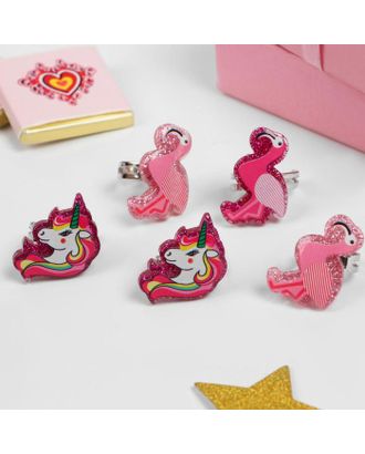Купить Детская бижутерия Кольца детские "Пальчики" (наб. 5шт) фламинго и единороги, форма МИКС, цвет розовый, безразмерные арт. СМЛ-149042-1-СМЛ0005427090 оптом в Череповце