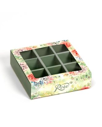 Коробка под 9 конфет с обечайкой "Rose" с окном, 14,5 х 14,5 х 3,5 см арт. СМЛ-146308-1-СМЛ0006775925