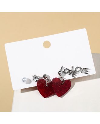 Набор 3 пары серёг LOVE сердечки, цветные в серебре арт. СМЛ-192552-1-СМЛ0006967317