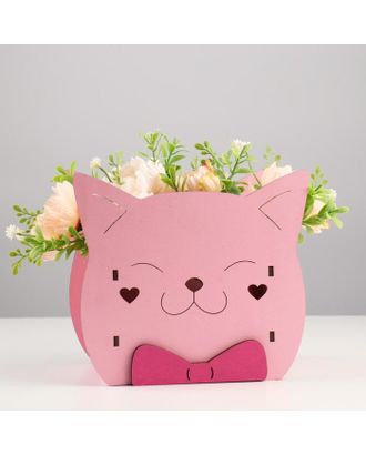 Кашпо деревянное для цветов и подарков "Котик" с аппликацией, розовое, 18,8х12,8х16,7 см арт. СМЛ-171018-1-СМЛ0007007963