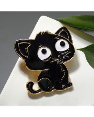 Брошь "Котик" с большими глазами, цвет чёрный в золоте арт. СМЛ-231461-1-СМЛ0007423947