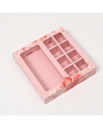 Коробка под 8 конфет + шоколад, с окном "Розовые цветы", 17,7 х 17,85 х 3,85 см арт. СМЛ-226516-1-СМЛ0007730332