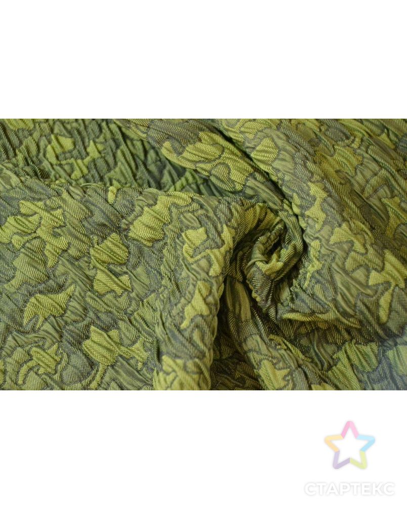 Ткань жаккард, цвет: абстрактные фигуры зелено-оливкового цвета с эффектом сжатости арт. ГТ-80-1-ГТ0020475