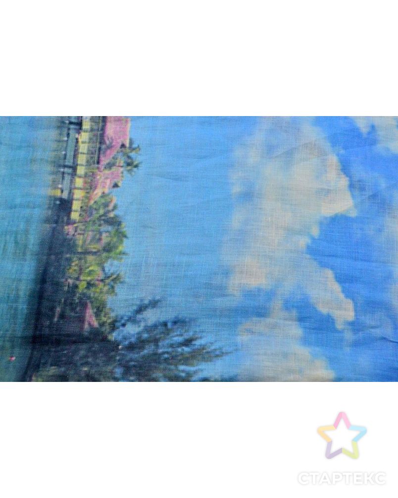 Ткань льняная ,цвет: голубые облака, купонный принт Майами арт. ГТ-92-1-ГТ0020552