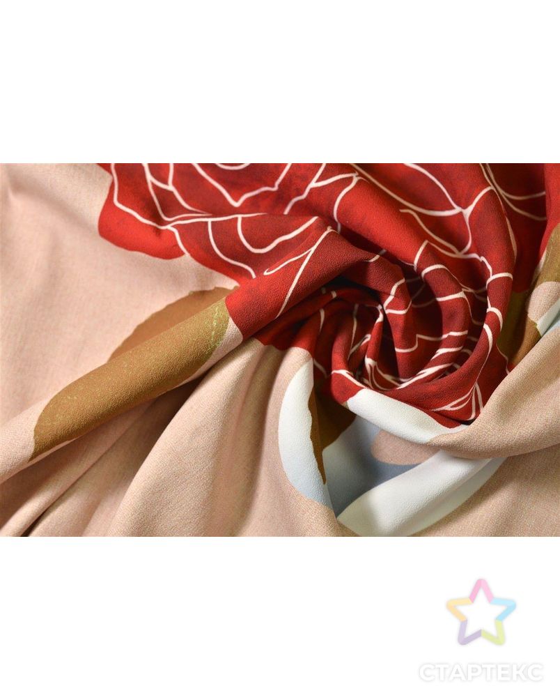 Бежево-розовая плательная ткань с принтом из ярко-красных роз с надписью(Раппорт 1,85м.) арт. ГТ-153-1-ГТ0020942 1