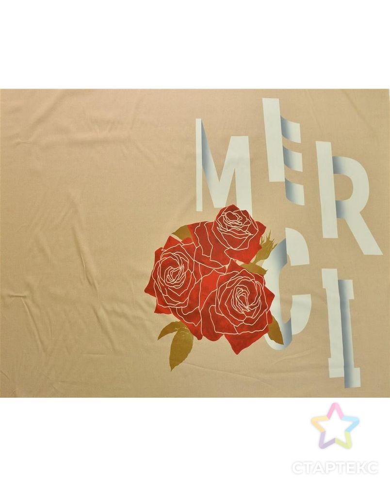 Бежево-розовая плательная ткань с принтом из ярко-красных роз с надписью(Раппорт 1,85м.) арт. ГТ-153-1-ГТ0020942