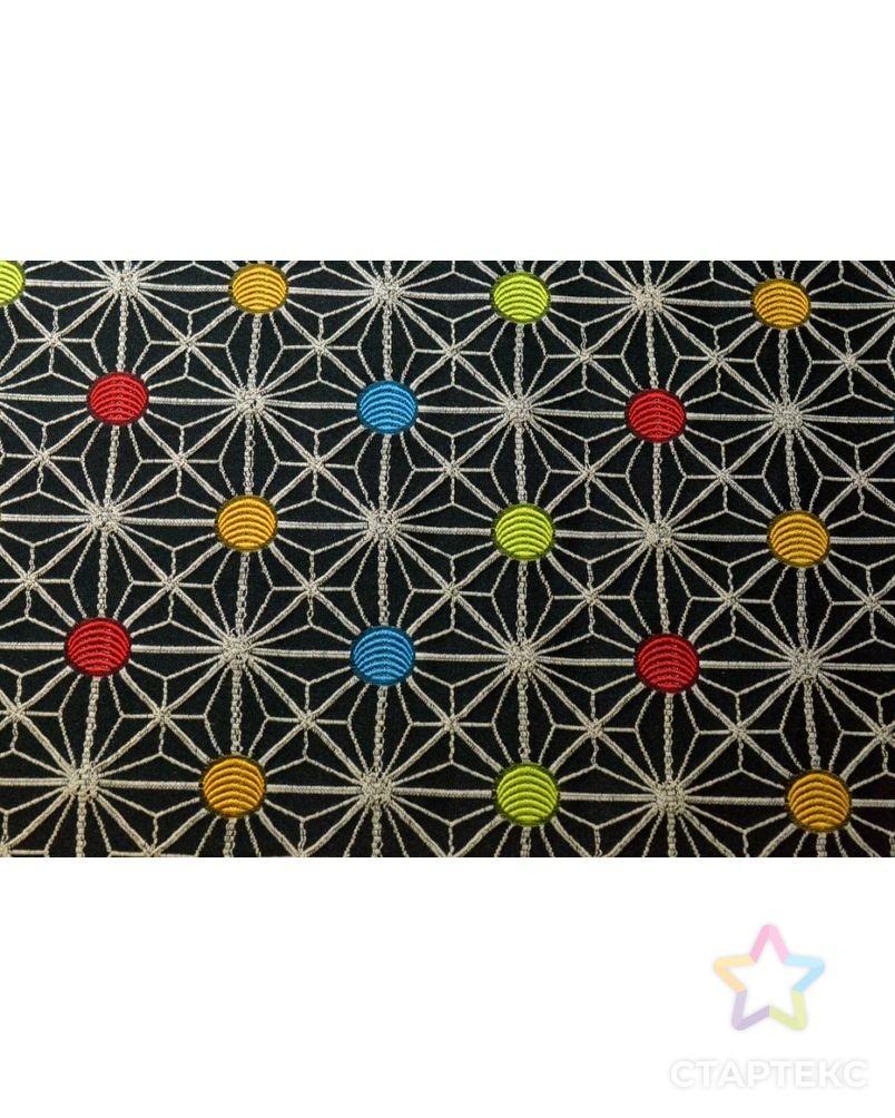 Ткань жаккард, цвет: на черном фоне белый орнамент с разноцветными кругами арт. ГТ-191-1-ГТ0021232