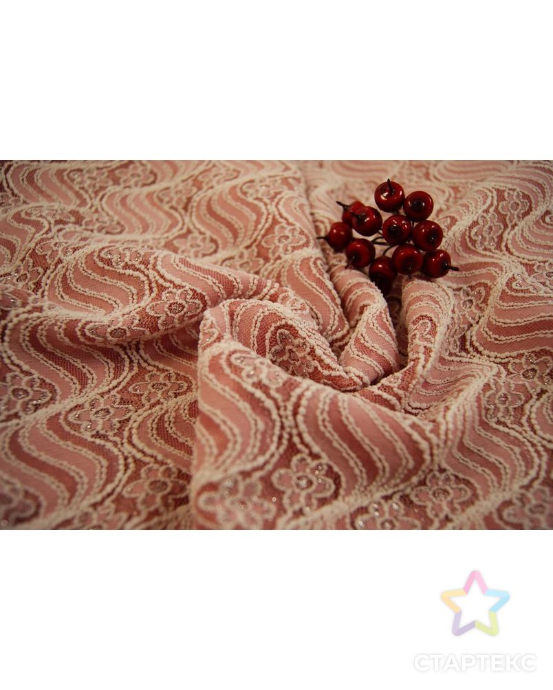 Ткань трикотажный гипюр с люрексом, цвет белые цветочки на розовых волнах арт. ГТ-304-1-ГТ0021668 3